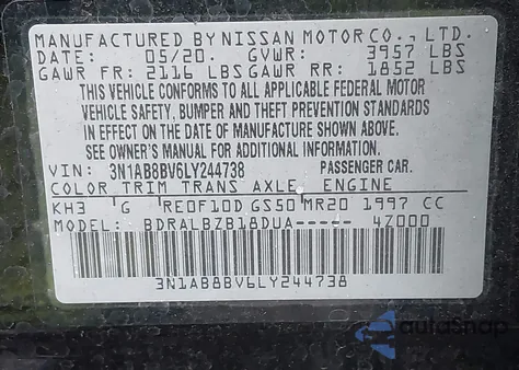 2020 Nissan Sentra S Xtronic Cvt from USA, damaged, VIN 3N1AB8BV6LY244738